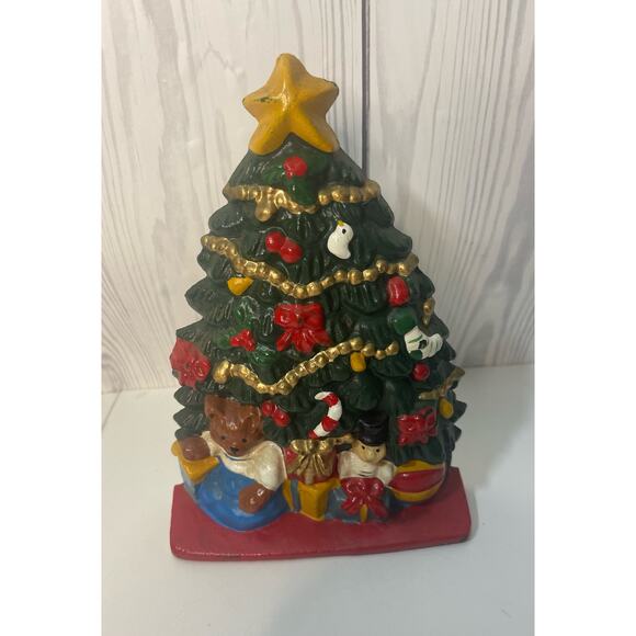 Vtg Cast Iron Decorated Christmas Tree Doorstop 8" Tall - Picture 1 of 5